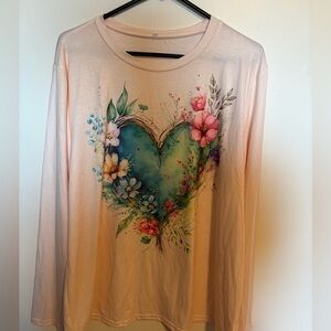 Pastel Pink Long Sleeve Tee with Floral Heart Graphic
